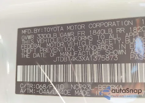 2010 Toyota Yaris from USA, damaged, VIN JTDBT4K3XA1375873